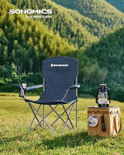 SONGMICS Folding Camping Chair, 450 lb Capacity | Folding lawn chair with cup holder and heavy-duty design, Ink Black, UGCB066B01
