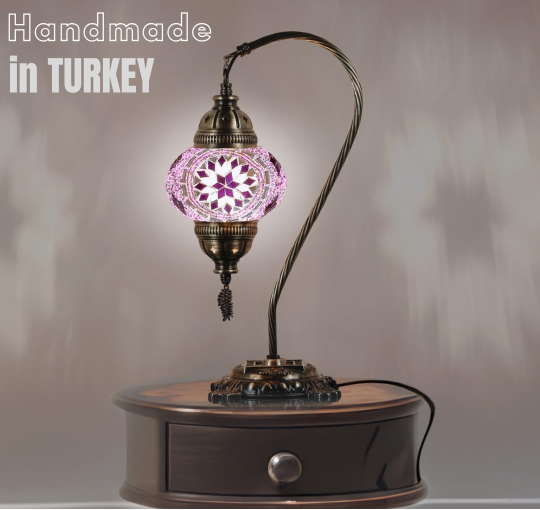 DEMMEX Turkish Table Lamp Moroccan Bedside Light Handmade Tiffany Mosaic Glass Boho Artisan Accent Lighting for Bedroom Living Room, Antique Brass Finish – 15" H, Multicolor