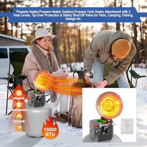 30000 BTU Propane Heater Outdoor, Propane Tank Heater Attachment Double Tank Top Radiant Gas Heater With Tip-Over Protection, 3 Heat Settings, Safety Shut-Off Valve for Patio,Camp,Fish,Garage.