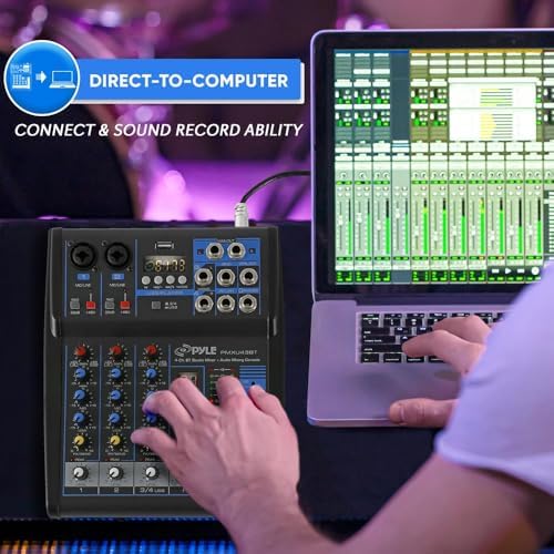 Pyle 4 Channel Audio Mixer with Bluetooth - DJ Sound Board Controller - USB Computer Input - Built-in MP3 Player - 48V Phantom Power - 3 Band EQ