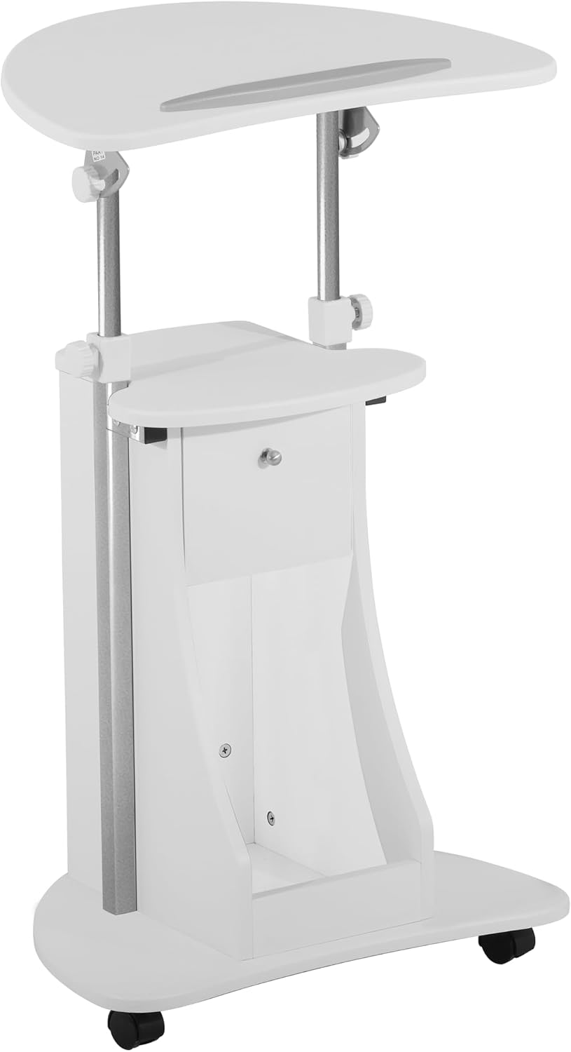 Techni Mobili Adjustable Height Rolling Laptop Cart with Storage, Graphite | Adjustable height rolling laptop cart with storage drawer, open shelf, wheels, sit‑stand design for office or medical use