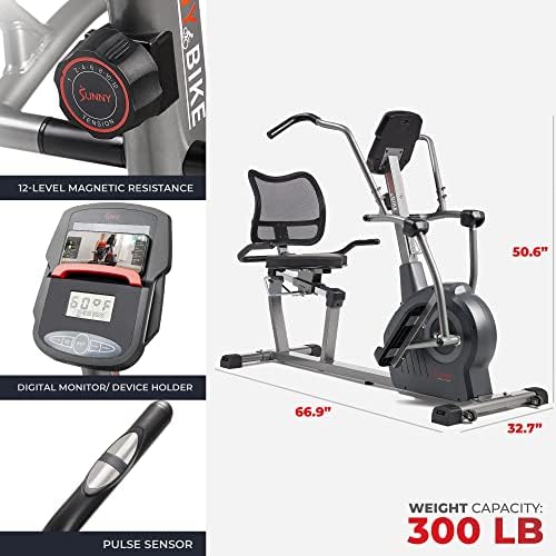 Sunny Health & Fitness Smart Recumbent Cross Trainer with Arm Exerciser | Dual Function Full-Body Workout, 8-Lvl Magnetic Resistance, Adjustable Seat