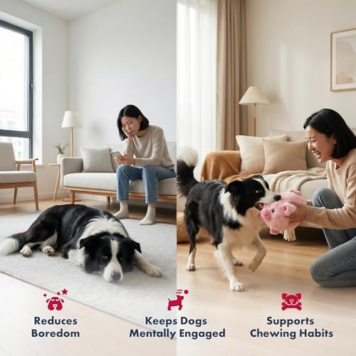 PetLou D.O.G'Z 4-inch EZ Squeaky Pig Dog Plush Toy,Durable Squeaks Bouncy Ball Dog Toy