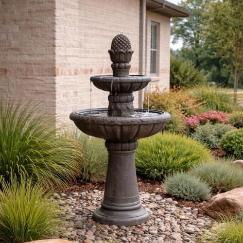Teamson Home Deluxe Pineapple Pedestal 2 Tiered Floor Waterfall Fountain with Pump for Outdoor Patio Garden Backyard Decking, 39 Inch Height