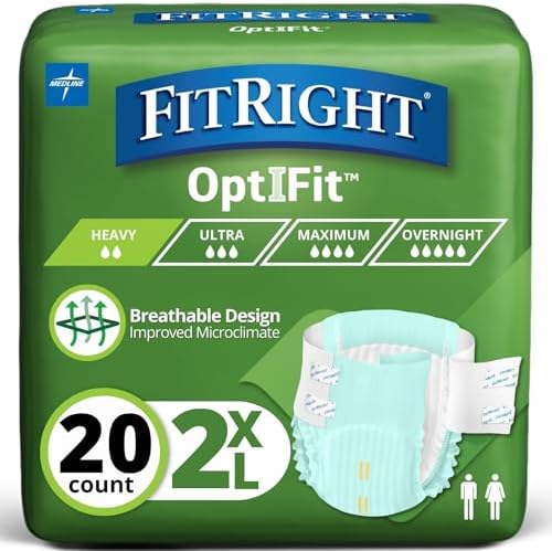 FitRight Adult Diapers, Extra Heavy Absorbency, XL (Waist Size 56in-64in), 80 Count, OptiFit Incontinence Briefs for Men and Women, Disposable, Moisture Wicking, Leak Protection,