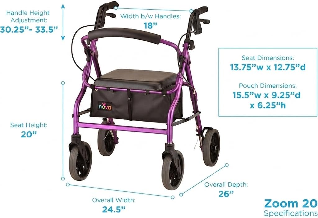 NOVA Zoom 22 Rollator Walker for Seniors, Rolling Walker with Locking Hand Brakes, Padded Seat & 8" Wheels, Lock N Load for Easy Transport & Storage, Adjustable Height 5'5"–6'1", Red