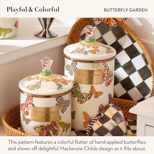 MACKENZIE-CHILDS Enamel Canister, Large, White Butterfly Garden | Hand-applied design, made from enameled steel, versatile kitchen storage container for flour and sugar, 64-ounce capacity