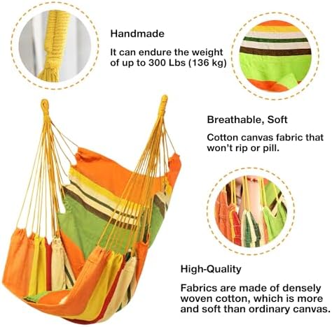 Hommtina Hammock Chair Hanging Rope Swing, Max 300 Lbs Hanging Chair with Pocket & Durability Perfect for Outdoor, Home, Bedroom, Patio