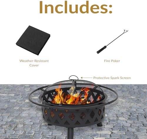 Sunnydaze Crossweave Large Outdoor Fire Pit, Wood Burning, Round, 36" | Black, Heavy Duty Steel Metal, Patio Fire Pit with Spark Screen, Poker, & Cover, Wood Firepit for Outside, Backyard, or Deck