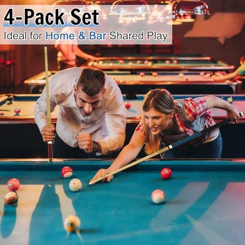 Pool Cue Sticks 4-Pack, 58 Inch Billiard Cues for Home & Bar Play, Solid Maple Wood Pool Sticks with 12.5mm Multi-Layer Leather Tip, Leather Grip