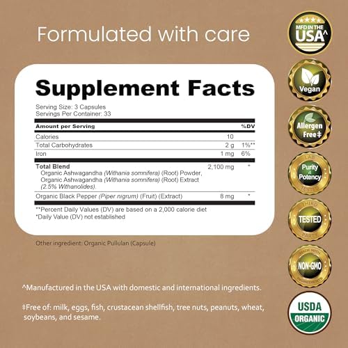 NaturaLife Labs Organic Ashwagandha 2100 mg per Serving – Full Spectrum Root Powder and Standardized Extract (Withanolides) – 100 Capsules – Vegan – Non-GMO, Gluten-Free