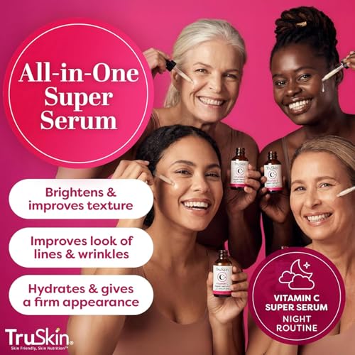 TruSkin Vitamin C Super Serum for Face, 5 Skin Benefits, 1 fl oz | Vitamin C, Retinol, Niacinamide, Hyaluronic Acid and Squalane to brighten, firm, smooth, hydrate, and refine skin