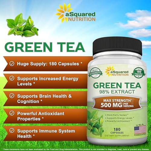 aSquared Nutrition Green Tea Extract with EGCG – 180 Capsules – 500mg per Capsule – 75% Polyphenols, 45% EGCG – Antioxidant Support