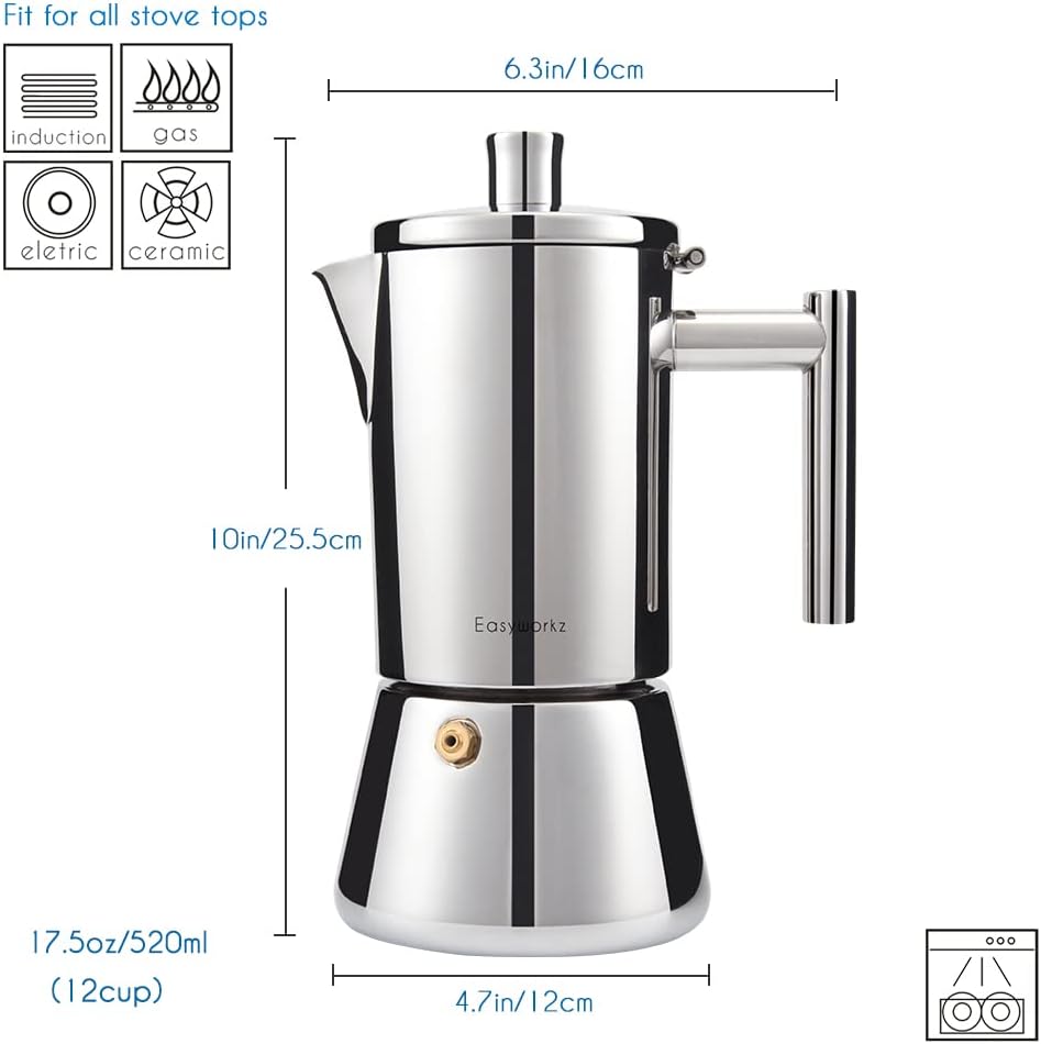 Easyworkz Diego Stovetop Espresso Maker Stainless Steel Italian Coffee Machine Maker 6Cup 10 oz Moka Pot Induction Espresso Pot