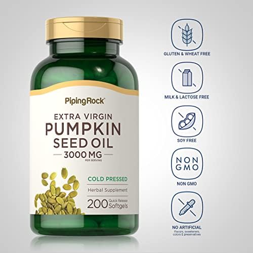 Piping Rock Pumpkin Seed Oil Softgel Capsules | 200 Count | Cold Pressed Herbal Supplement | Extra Virgin with Omega 6 and 9 | Non-GMO, Gluten Free