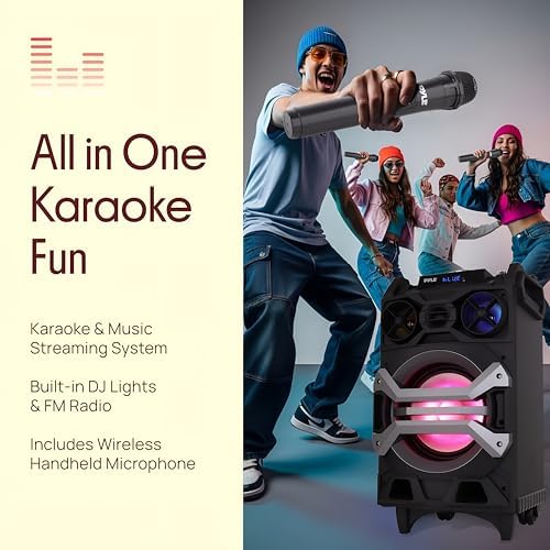 Pyle 500 Watt Portable BT Connectivity Karaoke Speaker System - PA Stereo with 8" Subwoofer, DJ Lights Rechargeable Battery Microphone