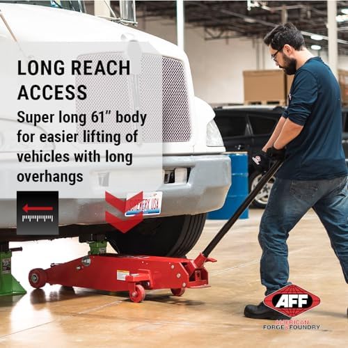 AFF 10 Ton Air Hydraulic Long Chassis Jack - for Long Overhang Vehicles | 10 T Floor Jack with Foot Pump & 3-Position Lock Handle - Ideal for Repair Shops, Bus & Truck Fleets, Heavy Duty Equipment