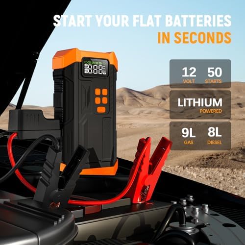 [2026NEW Model] 5000A Jump Starter with Air Compressor,Car Jumper Starter Portable with 150PSI Tire Inflator 12V Jump Box with LCD Display,Flashlight,Storage Case (Up 9L Gas/8L Diesel Engine