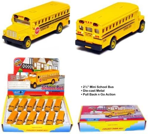 🚌 KiNSFUN Classic Long Nose School Bus 2½" Die Cast Metal w/ Pull Back Action 12 Pack