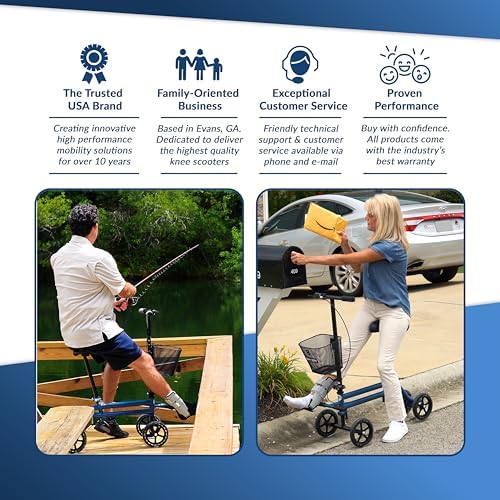 KneeRover Steerable Seated Scooter Mobility Knee Walker, Blue | Sitting Scooter with Leg Rest, Comfortable Gel Seat