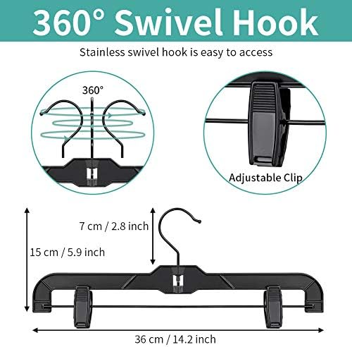 True Black Plastic Pant Skirt Hangers 20 Pack, with Strong Plastic Clips and Steel Wire, All Black Finish 14 inch