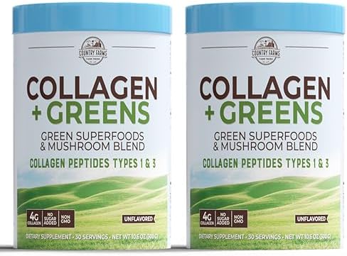 Country Farms Collagen Peptides Powder with Greens Dietary Powder Supplement (Type I, III) for Skin Hair Nail and Joints, Dairy/Sugar Free, Energizing Superfoods, Natural, 10.6 Oz 30 Servings