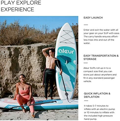 aleur Explorer Inflatable Stand Up Paddle Board Package W Premium SUP Accessories & Backpack, Non-Slip Deck, Leash, Paddle and Hand Pump | Elegant