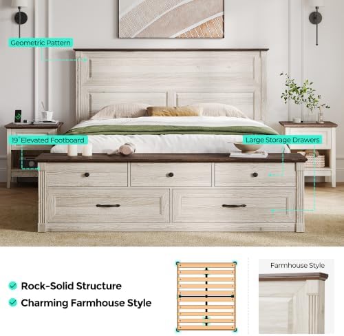 LINSY Storage Bed Frame Queen Bedframe with Drawers, Farmhouse Bed Frame Queen-Size with Headboard and Footboard Bench