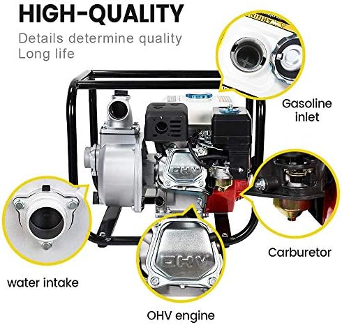 DC HOUSE 6.5 HP 4-Stroke, Gas-Powered Water Transfer Pump, 2 Inch 212CC 158GPM Heavy Duty Semi-Trash Clean Water Pump