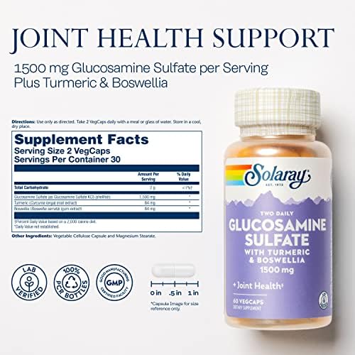SOLARAY Glucosamine Sulfate 1500 mg, 120 VegCaps | Joint Mobility & Connective Tissue Support - Glucosamine, Turmeric & Boswellia - 60 Servings - Lab Verified