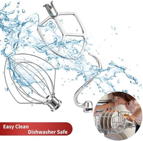 Stainless Steel Stand Mixer Attachments 3-Piece (4.5-5QT Flat Beater, 4.5-5QT Dough Hook, K45WW 6-Wire Whip Attachment) for KitchenAid Tilt-Head Stand Mixer and 4.5-5 Quart Bowl, Dishwasher Safe