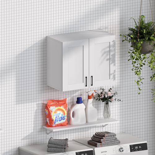White Laundry Room Cabinets and Storage with 4 Doors and Utility Adjustable Shelf，Gabinetes Para Cocina Cupboard Kitchen Organizers and Storage Pantry Wall Mounted 12.4"D x 47.2"W x 19.7"H