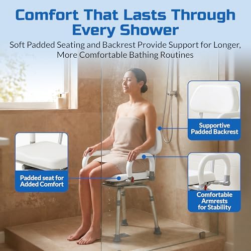 Swival Shower Chair with Padded seat for Inside ShowerFor Senior, Bath Seat | Sit Securely While Bathing - Blue, padded seat, padded armrests, swivel seat, tool-free assembly, 600 lb