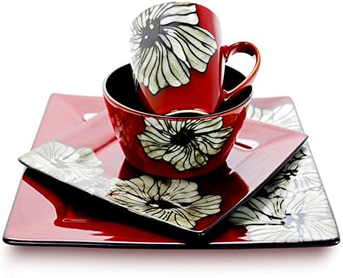 Elama's Luxurious Red Winter Bloom 16 Piece Dinnerware Set with Complete Settign for 4
