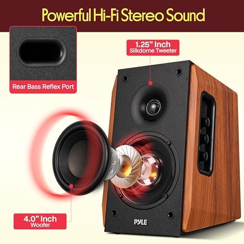 Pyle Powered Bookshelf Speaker System with Bluetooth, 80W Active Stereo Speakers, Bass Reflex Natural Wood Cabinet, Hi Def ARC, Optical, Coax, Subwoofer Out, for Entertainment, Studio (Pair)