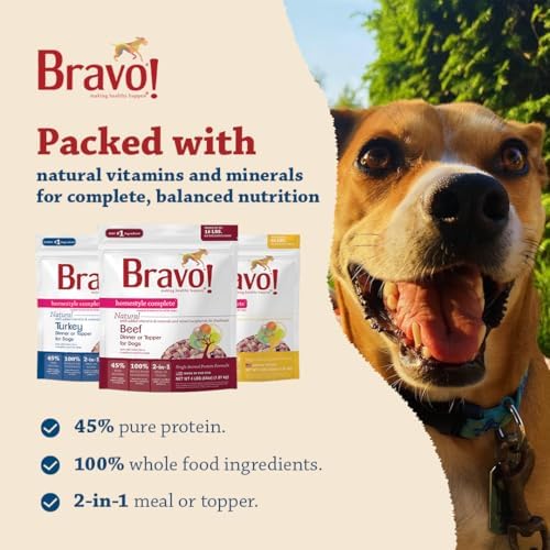 Bravo! Homestyle Complete Freeze Dried Raw Dog Food, Beef, 2 Pounds | Whole Food Ingredients, Rehydrate with Water for Up To 9 Pounds of Food, Use as Meal or Food Topper, Grain Free, Gluten Free
