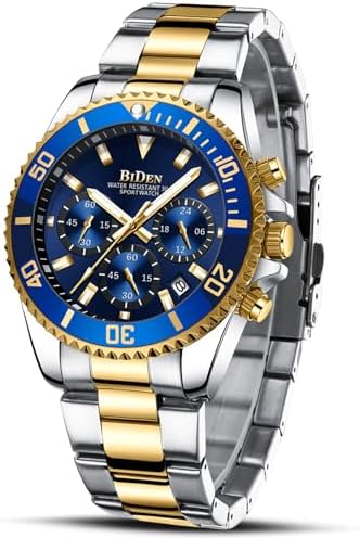 BIDEN Mens Watches Chronograph Gold Blue Stainless Steel Waterproof Date Analog Quartz Watch Business Casual Fashion Wrist Watches for Men