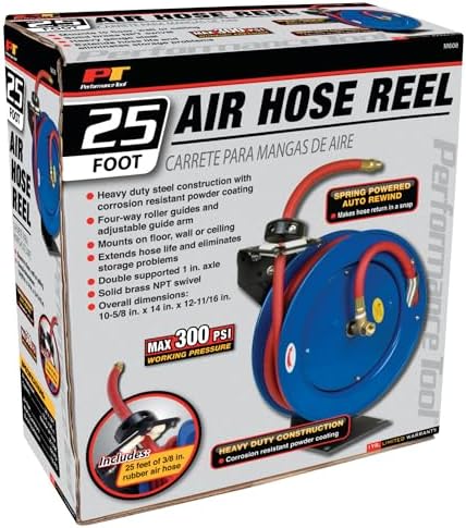 Performance Tool M635 50 ft. 18-Gauge Steel Air Hose Reel | Durable powder coated finish. Holds up to 50-ft of 3/8-in compressor hose (not included). 3/8-in female NPT swivel. Reel only