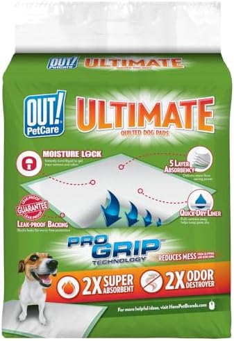 OUT! PetCare Large Dog Pee Pads, Leak Proof Training Pads, 21x21, 50 Count | Doggy Pee Pads, Leak Proof, Odor Control, Extra Absorbent, Potty Training, Housebreaking, Crate Training, Travel Use