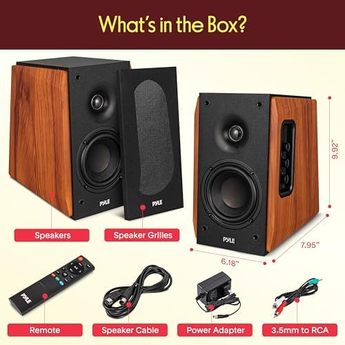 Pyle Powered Bookshelf Speaker System with Bluetooth, 80W Active Stereo Speakers, Bass Reflex Natural Wood Cabinet, Hi Def ARC, Optical, Coax, Subwoofer Out, for Entertainment, Studio (Pair)