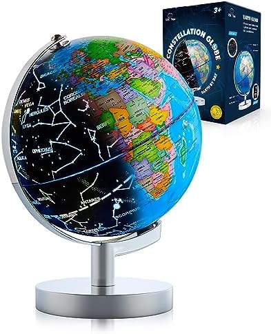 USA Toyz Illuminated World Globe with Stand - 3in1 STEM Globes for Adults and Kids, Constellation Map, Built-In LED Night Light Lamp, Easy to Read Texts, Non-Tip Base, 13.5 Inch Tall, 9 Inch Diameter