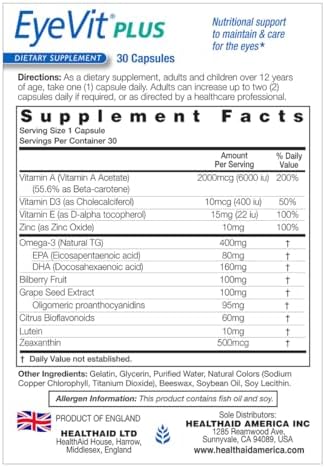 EyeVit Plus – Once-Daily Eye Health Supplement | 30 Capsules | Contains Omega-3, Lutein, Beta-Carotene, Zeaxanthin, Bioflavonoids & Bilberry