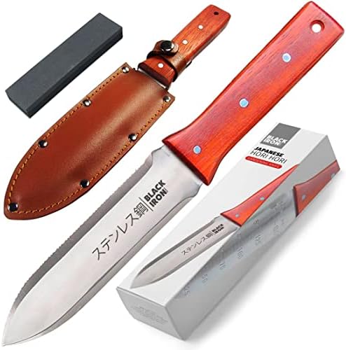 Black Iron Hori Hori Garden Knife [7 Inches, Japanese Stainless Steel] Durable Gardening Tool for Weeding, Digging