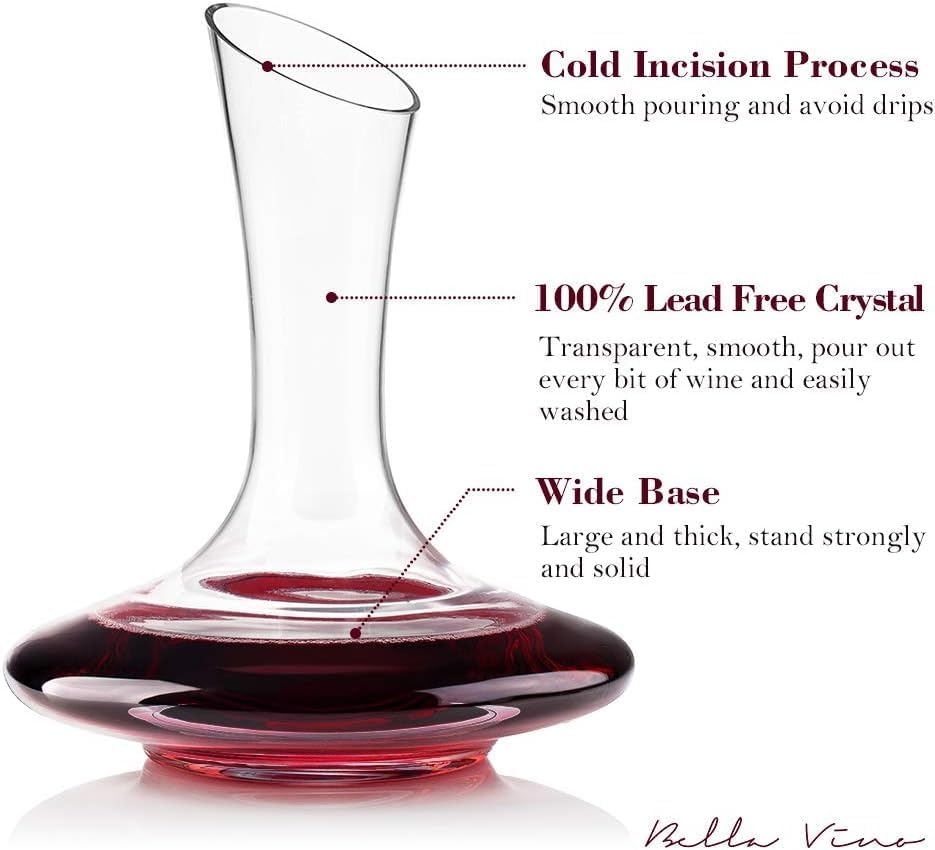 Large Elegant Red Wine Decanter with Aerator Pourer, 1600ml. - Hand Blown Lead-Free Crystal Glass Carafe for Cabernet, Merlot, Home Bar Accessory