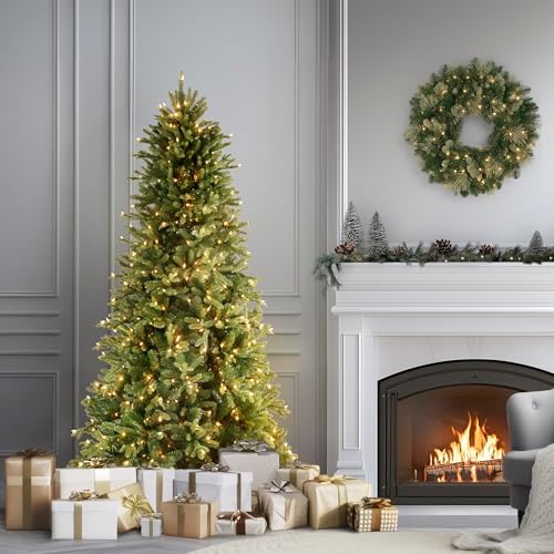 National Tree Company 7.5ft Pre-Lit Tiffany Fir Slim Christmas Tree | 600 Clear Lights, 1,878 Tips, Includes Stand, Artificial, Green