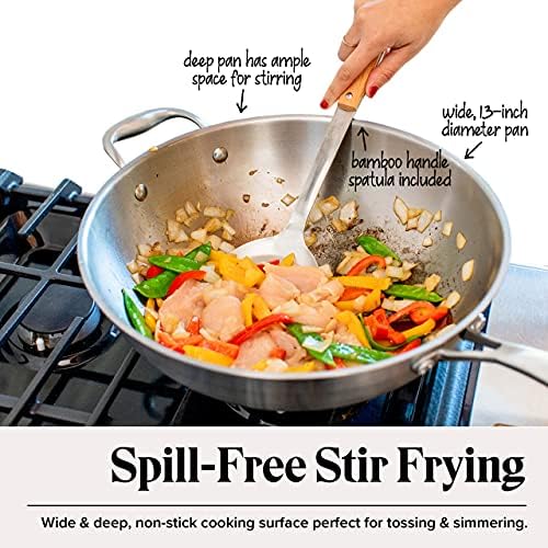 Willow & Everett Stainless Steel Flat Bottom Wok Pan, Professional Traditional Stir Fry Cookware w/Domed Lid & Spatula