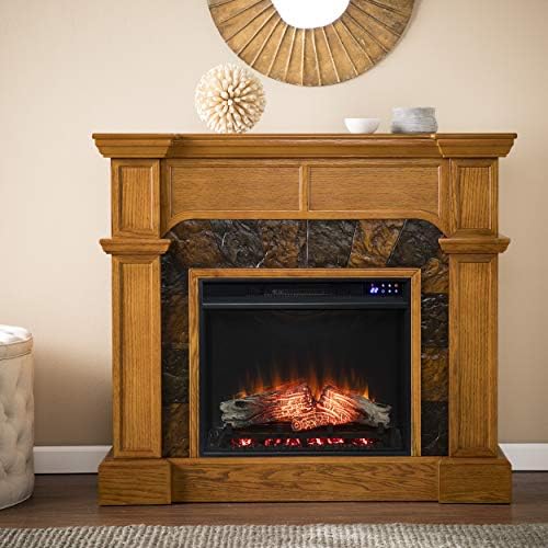 SEI Furniture Cartwright Corner Convertible Earth Tone Tile Electric Fireplace, New Mission Oak
