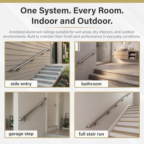 Promenaid Silver 5ft ADA Handrail Kit - Complete Indoor/Outdoor Stair Handrail - 1.6" Round Satin-Anodized Aluminum Railing with 3 Silver Painted