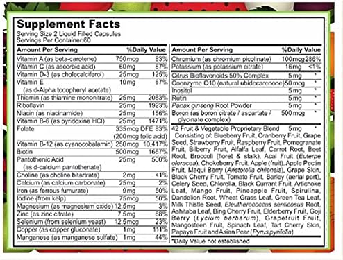 120 Multivitamin Fruit and Vegetable Liquid Capsules, Loaded Multivitamins, Supplements, Multiple Vitamin has Many Antioxidants