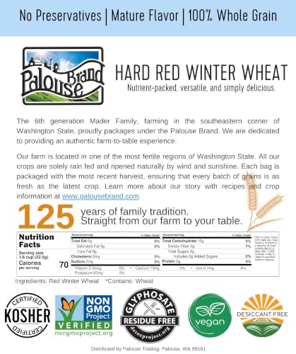 Palouse Brand Certified Glyphosate Residue Free Hard Red Winter Wheat Berries | 25 LBS Bag | Sproutable | Non-GMO Project Verified | Kosher